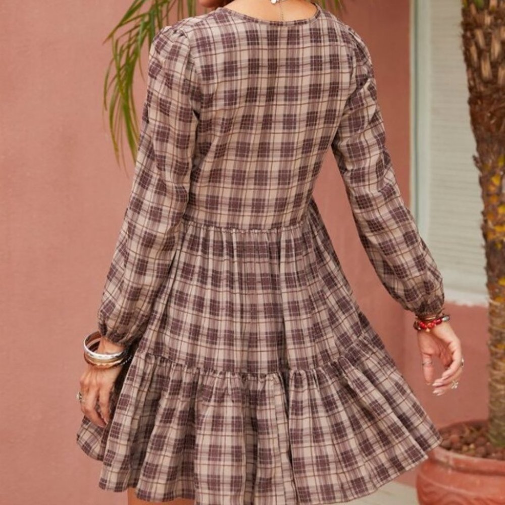 Plaid ruffle hem lantern sleeve dress Tan - Picture 3 of 7